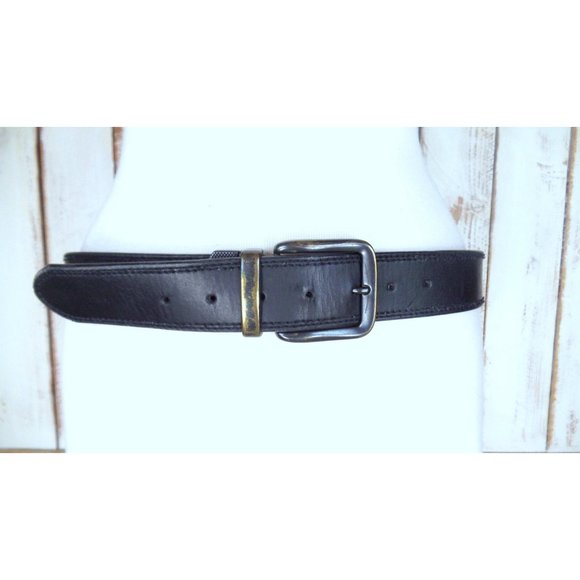Levi Strauss thick black leather wide belt with distressed buckle / unisex - Picture 2 of 6